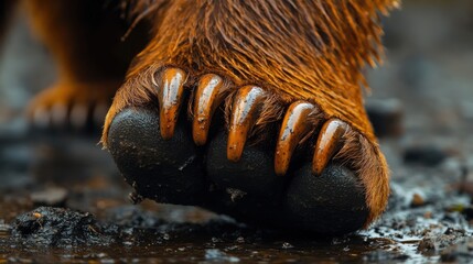 Close-up of bear paw with sharp claws in mud, powerful animal, nature wildlife, predator presence, wilderness strength, outdoor scene, animal adaptation
