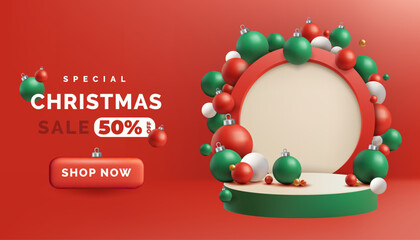 A red and green 3D Christmas podium scene with shiny holiday spheres hanging above, ideal for festive promotions, gift displays, or greeting card templates. Sale banner. Modern and elegant. Not AI.