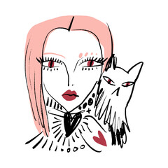 Fashion modern abstract portrait of pink hair girl with cat beauty makeup fast sketch hand drawn abstraction, vector illustration clip-art woman line black colour contour ink brush face art print for