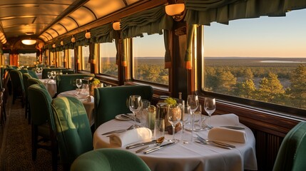 Elegant dining experience in a vintage train with panoramic views at sunset