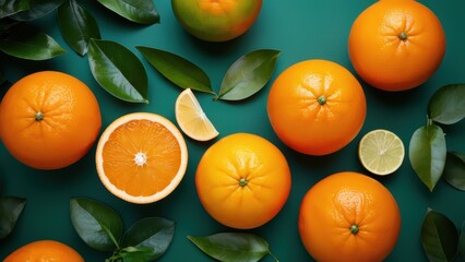 Fresh orange fruits with green leaves arranged on a vibrant green background. Perfect for showcasing citrus, nutrition, or healthy eating themes