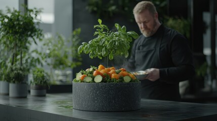 Culinary Excellence - Chef Creatively Drizzling Sauce on Fresh Vegetable Salad in Modern Kitchen