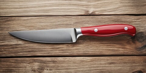 A kitchen utility knife featuring a red handle set against a wooden backdrop. This practical kitchen tool combines functionality with a striking red handle against wood.