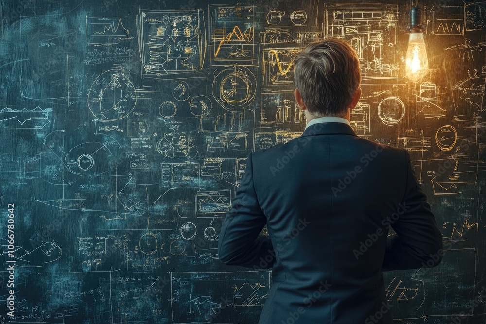 Poster a man in a suit stands before a blackboard covered in charts and diagrams. the image is a metaphor f