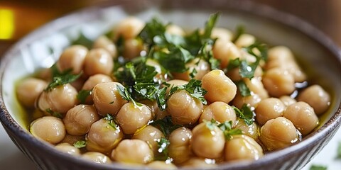 Bowl filled with chickpeas garnished with fresh herbs and drizzled with olive oil, beautifully highlighted by natural lighting and enhanced by leading lines.