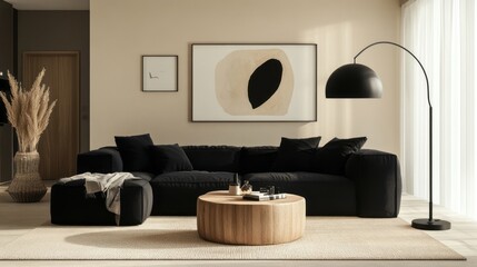 Modern Living Room with Black Sofa, Wooden Coffee Table, and Floor Lamp