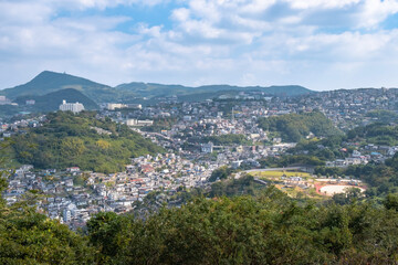 Panorama view of Nagasaki city with montain and  blue sky background, Cityscape, Nagasaki, Kyushu,...