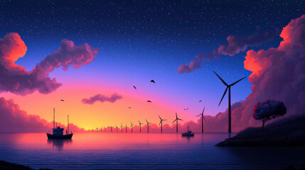 Vibrant offshore wind turbines stand majestically against stunning sunset, reflecting on calm waters. scene is filled with colorful clouds and silhouettes of boats, creating serene atmosphere