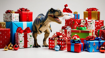 A dinosaur stands among colorful Christmas presents, adding a whimsical touch to the festive scene with decorations and gifts.
