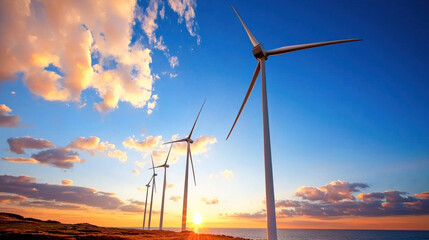 Vibrant offshore wind turbines standing against stunning sunset sky, showcasing renewable energy in picturesque landscape. scene evokes sense of tranquility and innovation