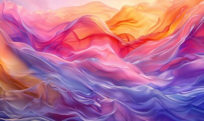 Obraz premium Abstract digital art featuring flowing waves of vibrant colors, blending from warm oranges and pinks to cool purples and blues, creating a silk-like fluid texture