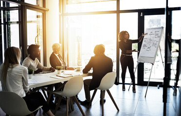 Presentation, speaker and group in boardroom, listening and brainstorming for project, sales and...