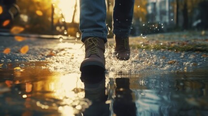 Autumn Walk Through Puddle