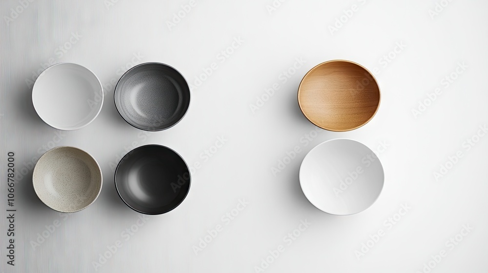 Poster empty bowls arranged on a clean white background, with an empty plate positioned above them, creatin