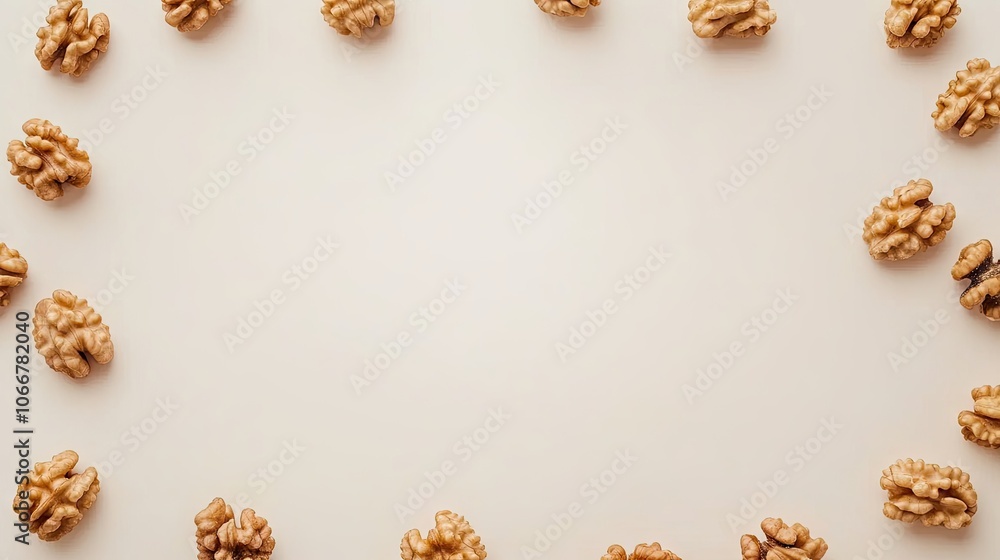 Poster a flat lay of delicious walnuts arranged on a clean, blank background, creating a visually appealing