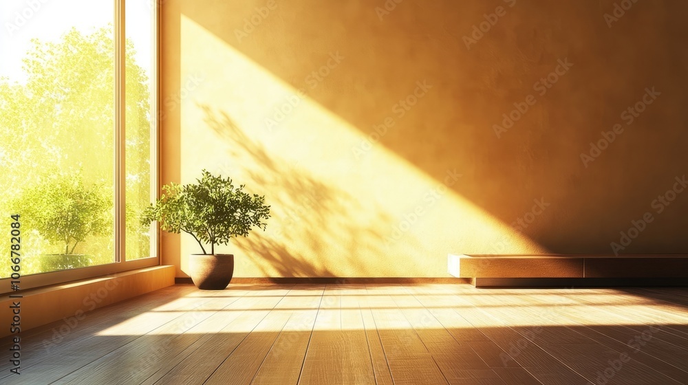 Poster modern minimalist interior design emphasizes warm colors and clean lines, creating an inviting atmos
