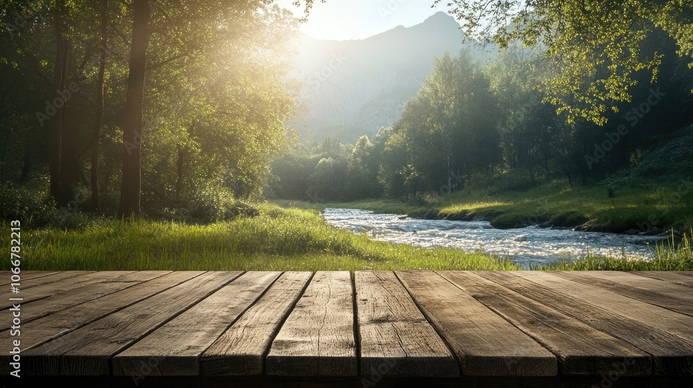 Poster wooden table set in a serene meadow with a backdrop of a mountain river illuminated by sunlight, off