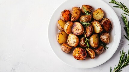 Roasted potatoes with rosemary beautifully arranged on a white plate, capturing the essence of comfort food. This image of roasted potatoes allows for creative copy space.