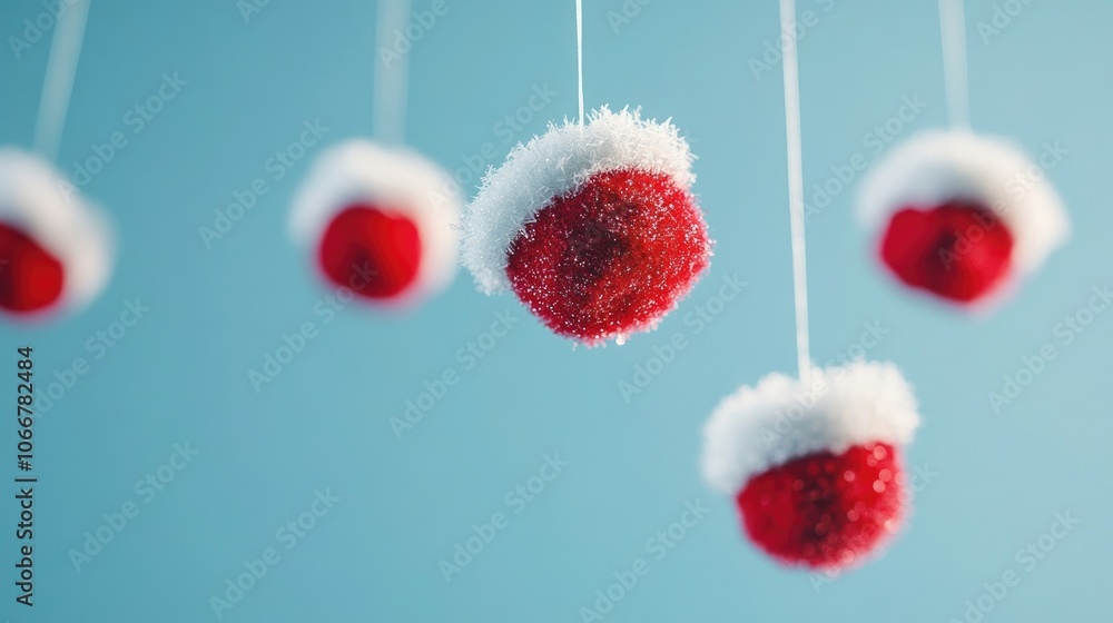 Poster close-up view of vibrant red santa hats gracefully suspended from a white string, creating a festive