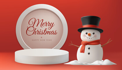 A cheerful 3D Christmas banner featuring a cute snowman character with a hat, with podium showcase. Red design. Perfect for winter greetings, social media, or posters. Not AI