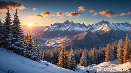 Peace in the Alpine Forest On The Tranquil Snowy Mountains. Ideal for Desktop Wallpaper or Screensaver. 
