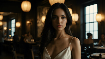 A spectacular young woman in a bar