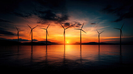 Obraz premium Vibrant offshore wind turbines standing against stunning sunset, reflecting on calm waters, create serene and powerful image of renewable energy