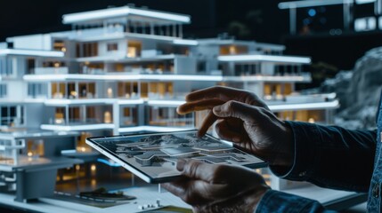 Modern Architect Examining 3D Model on Tablet