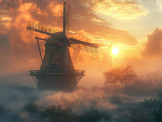 Windm&uuml;hle im Morgennebel