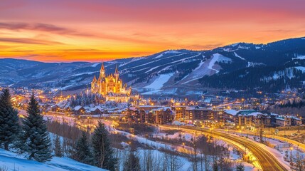 A picturesque winter landscape featuring a castle against a vibrant sunset, showcasing the beauty of nature and architecture.