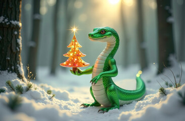 Fototapeta premium A green snake in a Santa hat holds up a decorated Christmas tree
