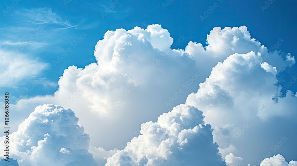 Poster fluffy white clouds with soft edges drift across a blue sky, creating an ideal backdrop. this serene