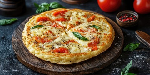 A crunchy pancake topped with melaza and cheese, accented with cracked pepper, showcased in a charming rustic style for an appealing presentation.