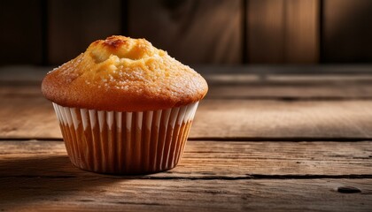 木製テーブルの隅に置かれた、焼き立てミニマフィンと木目の調和

