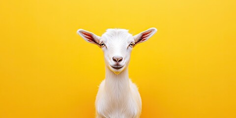 Fototapeta premium A cute white goat is positioned against a bright yellow backdrop, creating a charming and delightful visual with its striking contrast.