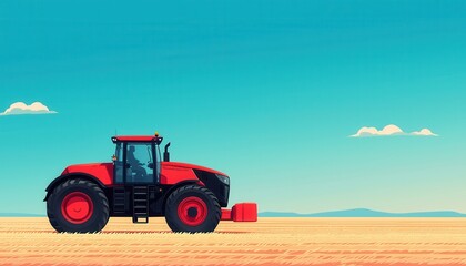 Obraz premium A vibrant red tractor sits in a golden field under a clear blue sky, symbolizing agricultural productivity and rural landscapes.