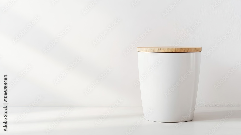 Poster white plastic container with a wooden lid, elegantly placed on a white background, ideal for adding 