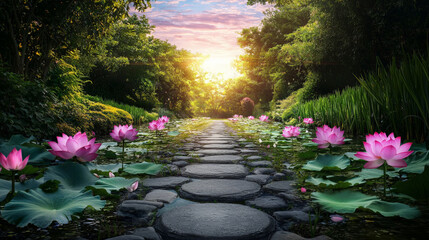Serene Path of Lotus Flowers by Waterway
