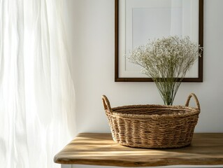 Charming Wicker Basket on Rustic Table against Sunlit Wall