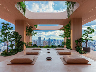 Fototapeta premium Tranquil Rooftop Meditation Space Overlooking Cityscape
