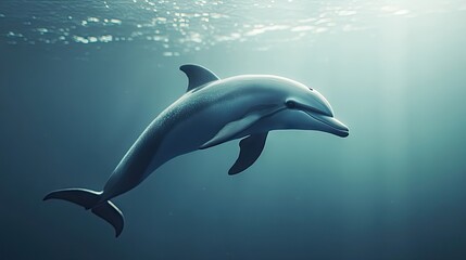 Obraz premium Underwater portrait of a cute dolphin swimming gracefully in clear ocean water, capturing the essence of marine life with ample copy space for your design needs.