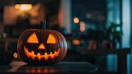 A lit jack-o-lantern sits on a table, creating a warm Halloween atmosphere with its glow. This jack-o-lantern adds to the festive ambiance, perfect for Halloween-themed imagery. Copy space included.