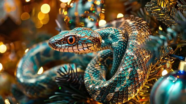 Python Entwined in Festive Christmas Tree Decorations with Warm Glowing Lights