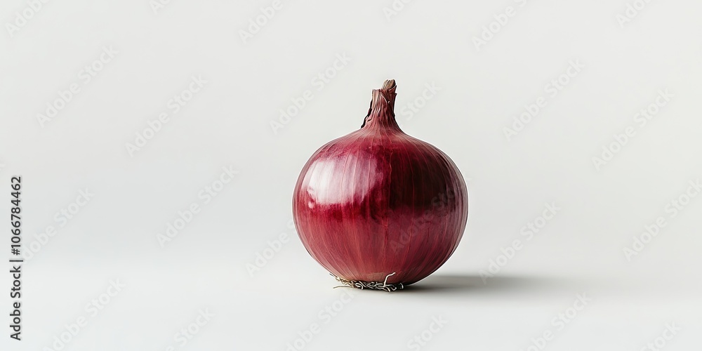 Poster a red onion is placed alone against a white backdrop, highlighting its vibrant color and distinctive