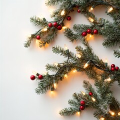 Christmas decorations fir holly on white background