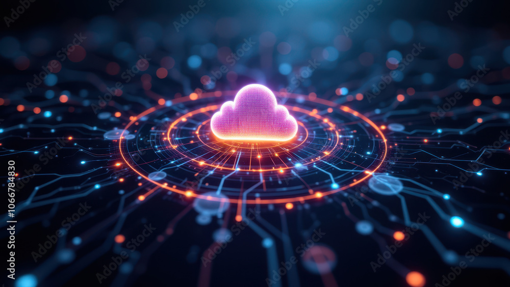Poster a stylized image depicting a cloud-based ci/cd pipeline with glowing elements.