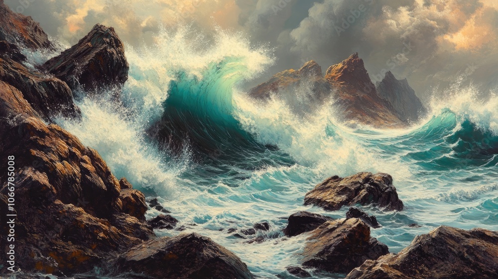 Poster powerful waves crash against large rocks, creating a striking visual impact. the dynamic scene captu