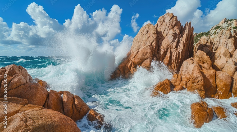 Poster powerful waves crash against large rocks, creating a striking visual impact. the dynamic scene captu