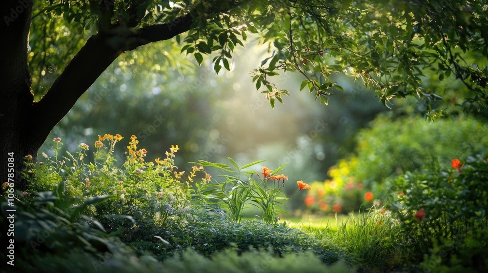 Poster rich macchia and various wild plants thrive beneath a tree, illuminated by soft halo light, creating