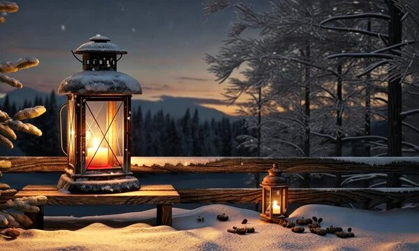 A tranquil winter evening by the snow-covered fence with glowing lanterns illuminating the serene landscape at dusk